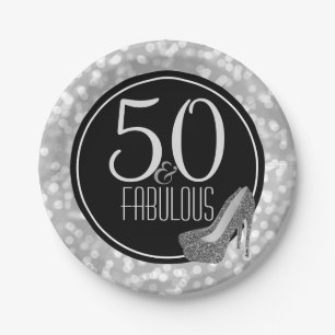 50 & Fabulous   Black Silver 50th Birthday Party Paper Plate