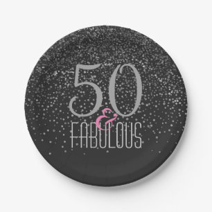 50 & Fabulous Black Silver   Elegant 50th Birthday Paper Plate