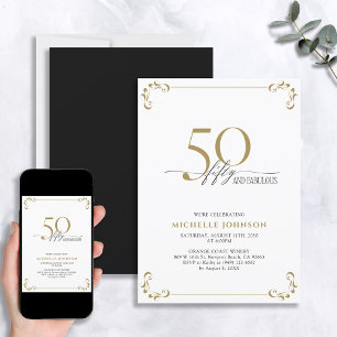 50 & Fabulous Black White & Gold Birthday Invitation