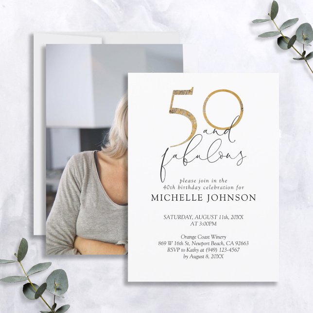 50 & Fabulous Black White & Gold Photo Birthday Invitation (Creator Uploaded)