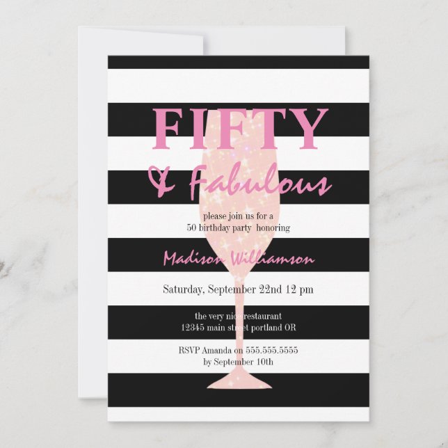50 & Fabulous  Black White Stripe Pink Champagne Invitation (Front)