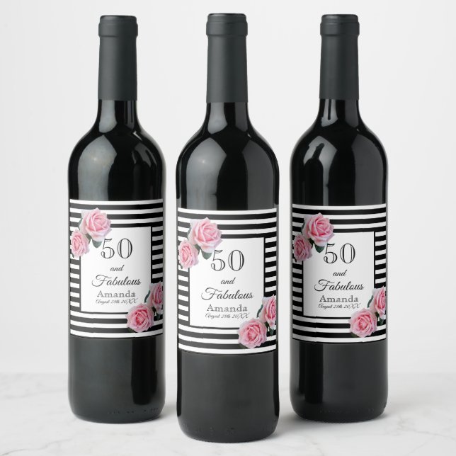50 fabulous black white stripes pink flowers wine label (Bottles)