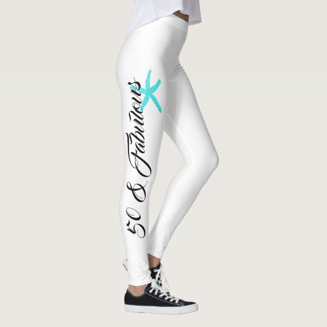50 & Fabulous Black White Teal Blue Starfish Cool Leggings (Right)