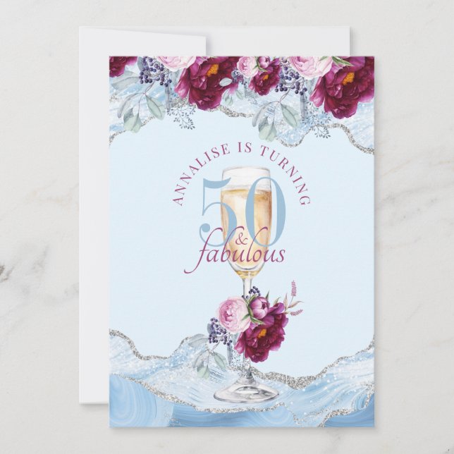 50 Fabulous Blue Agate Floral Birthday Party Invitation (Front)