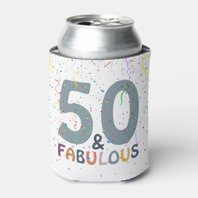 50 & Fabulous Blue Confetti Birthday Celebration Can Cooler (Can Front)