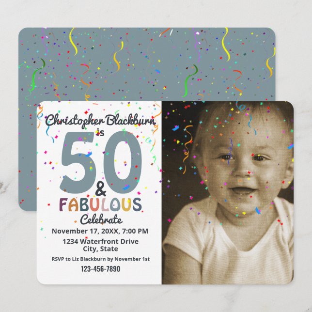50 & Fabulous Blue Photo Fiftieth Birthday Party Invitation (Front/Back)