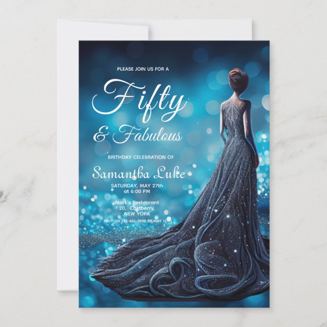 50 Fabulous Blue Silver Glitter Dress Birthday   Invitation (Front)