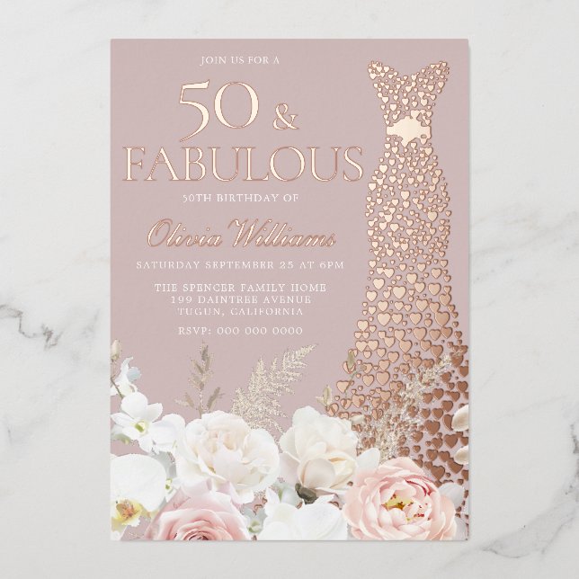 50 & Fabulous Blush Floral 50th Birthday Rose Gold (Front)