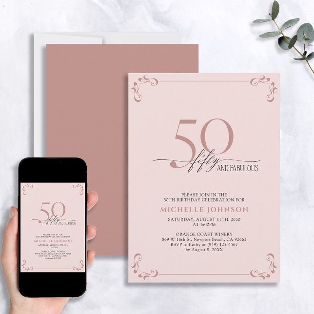 50 & Fabulous Blush Pink & Black Birthday Invitati Invitation (Creator Uploaded)