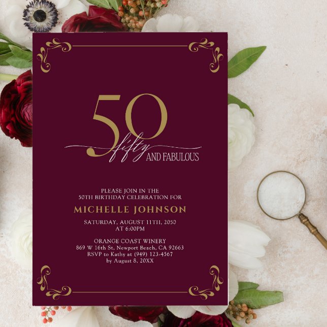 50 & Fabulous Burgundy White & Gold Birthday Invitation (Creator Uploaded)