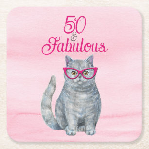 50 & Fabulous Cat, Pink and Gray, 50th Birthday Na Square Paper Coaster