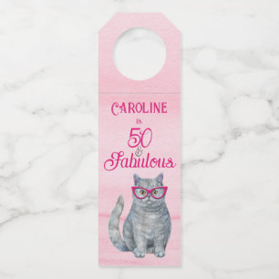 50 & Fabulous Cat, Pink and Grey, 50th Birthday Bottle Tag