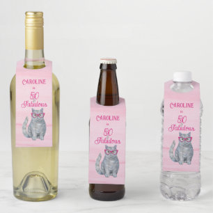 50 & Fabulous Cat, Pink and Grey, 50th Birthday Bottle Tag