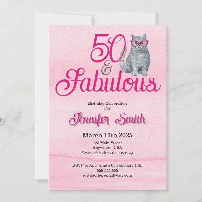 50 & Fabulous Cat, Pink and Grey, 50th Birthday Invitation (Front)