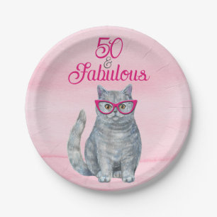 50 & Fabulous Cat, Pink and Grey, 50th Birthday Paper Plate