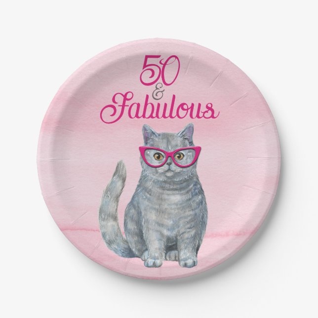 50 & Fabulous Cat, Pink and Grey, 50th Birthday Paper Plate (Front)