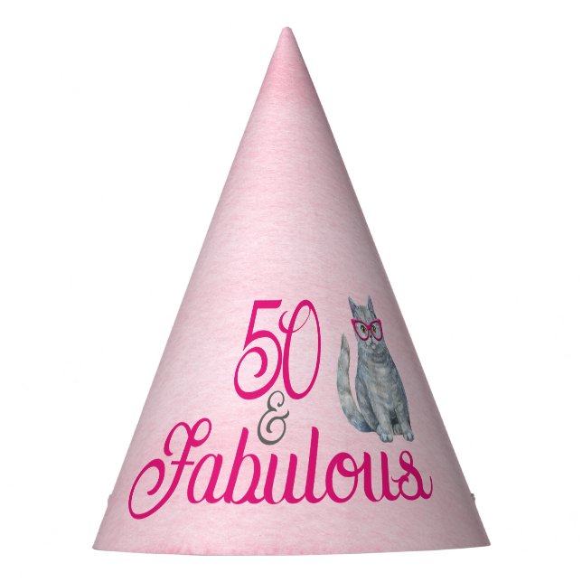 50 & Fabulous Cat, Pink and Grey, 50th Birthday Wi Party Hat (Front)