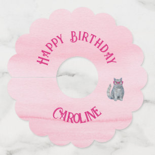 50 & Fabulous Cat, Pink and Grey, 50th Birthday Wine Glass Tag