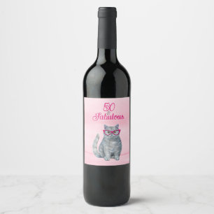 50 & Fabulous Cat, Pink and Grey, 50th Birthday Wine Label