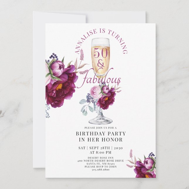 50 Fabulous Champagne Floral Birthday Invitation (Front)