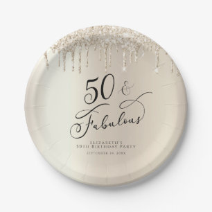 50 Fabulous Champagne Gold Glitter Personalised Paper Plate