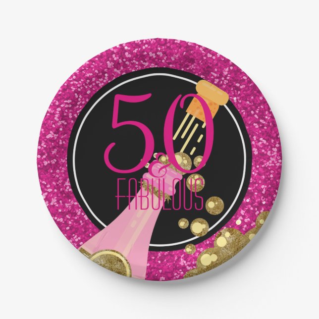 50 & Fabulous Champagne Pink 50th Birthday Party Paper Plate (Front)