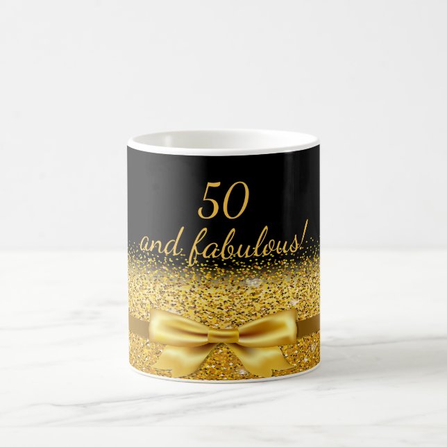 50 fabulous Chic golden bow with sparkle on black Coffee Mug (Center)