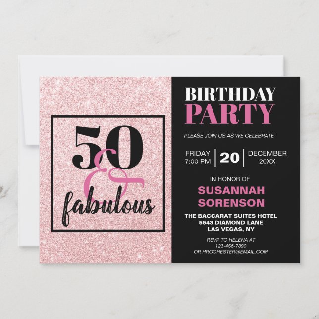 50 & Fabulous Chic Pink Glitter Birthday Party  Invitation (Front)
