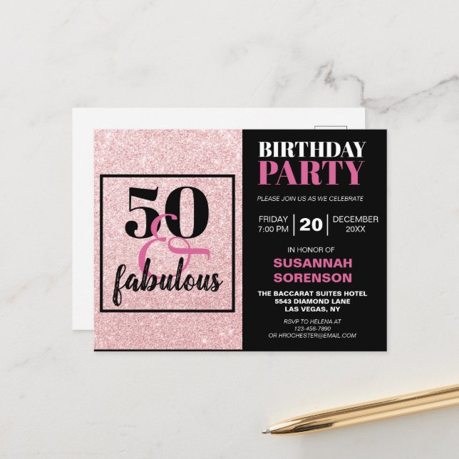 50 & Fabulous Chic PInk Glitter Birthday Party Postcard (Front/Back In Situ)