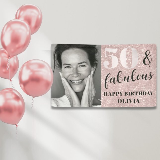 50 & Fabulous Chic Pink Glitter & Photo Birthday Banner (Creator Uploaded)