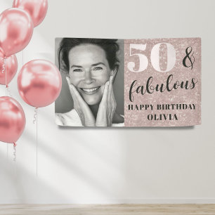 50 & Fabulous Chic Pink Glitter & Photo Birthday Banner