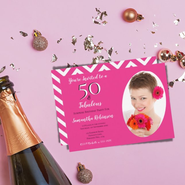 50 & Fabulous Customised Photo Pink White Chevron Invitation (Creator Uploaded)
