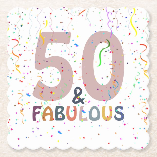 50 & Fabulous Cute Confetti Pink Trendy Typography Paper Coaster (Front)