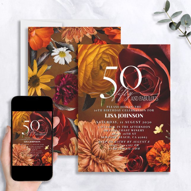 50 & Fabulous Dark Moody Sunset Colours Floral Invitation (Creator Uploaded)