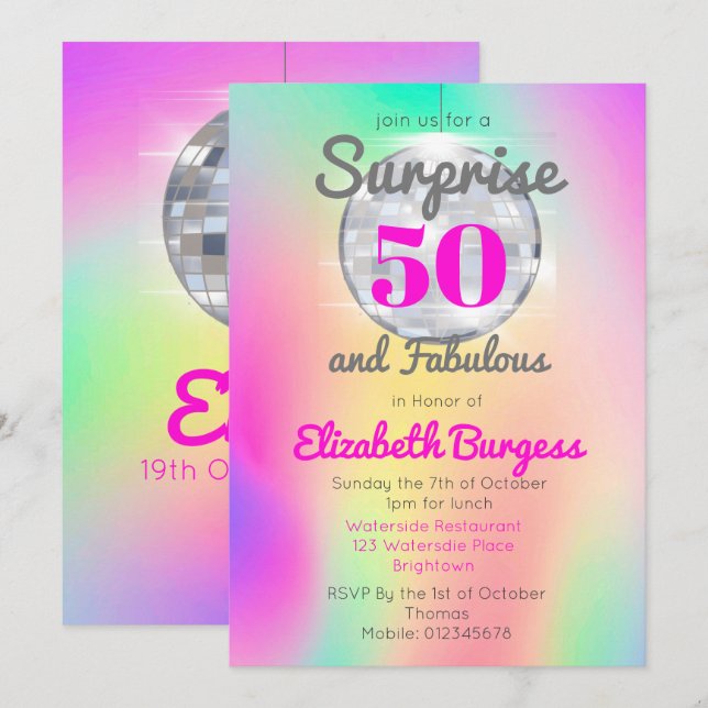 50 Fabulous Disco Tie Dye Pink Chic Birthday  Invitation (Front/Back)