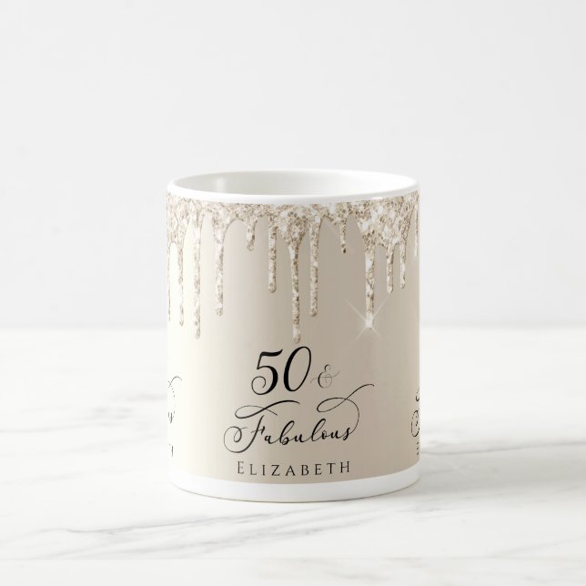 50 Fabulous Dripping Glitter Champagne Gold Coffee Mug (Center)