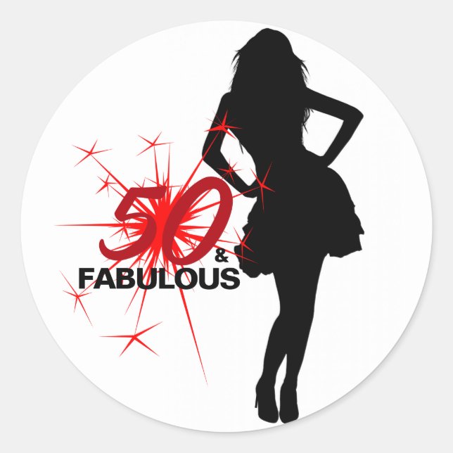 50 & FABULOUS Elegant 50th Birthday Red & Black Classic Round Sticker (Front)