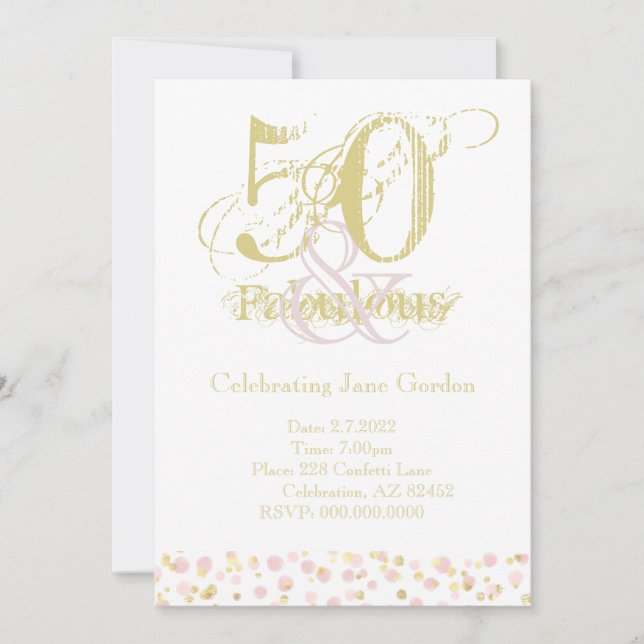 50 & Fabulous Elegant Birthday Confetti Pink Gold Invitation (Front)