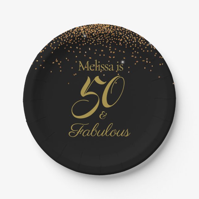 50 & Fabulous Elegant Black Gold Personalise Paper Plate (Front)