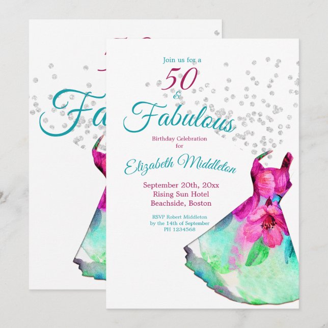 50 Fabulous Elegant Glitter Floral Dress Birthday Invitation (Front/Back)