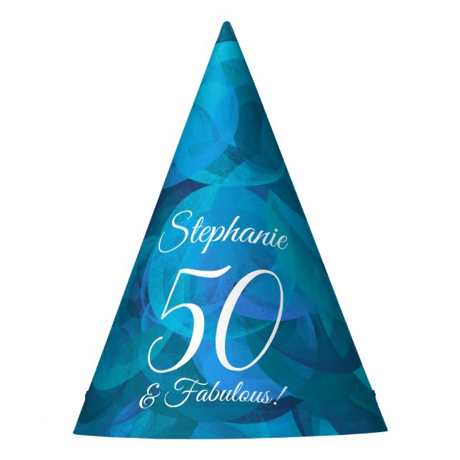 50 & Fabulous Elegant Ocean Blue Birthday Party Hat (Front)