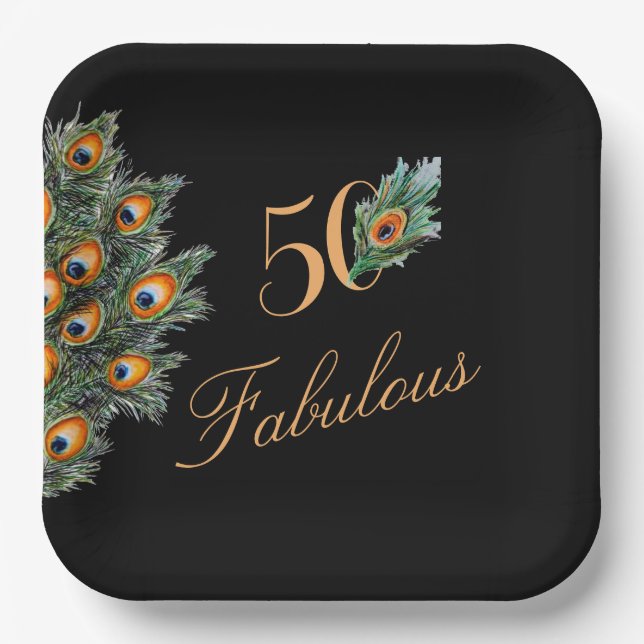 50 & Fabulous Elegant Peacock Feathers Birthday Paper Plate (Front)