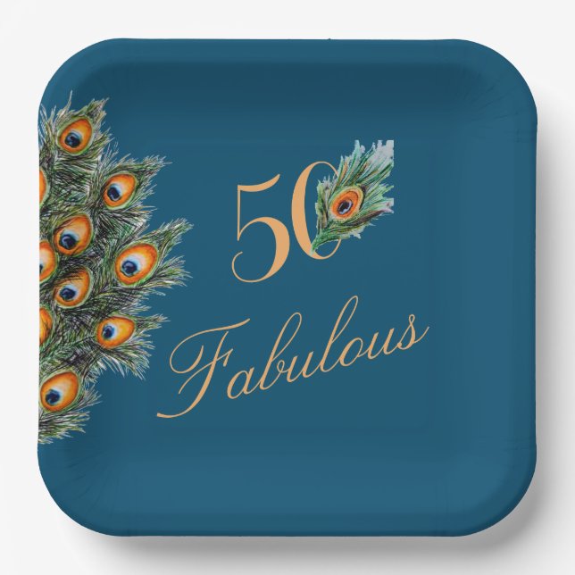 50 & Fabulous Elegant Peacock Feathers Birthday Paper Plate (Front)