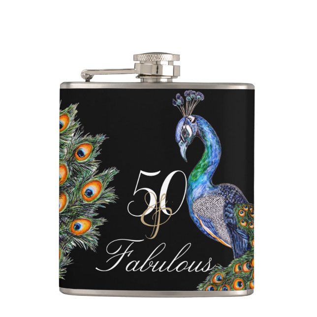 50 & Fabulous Elegant Watercolor Peacock Birthday Hip Flask (Front)