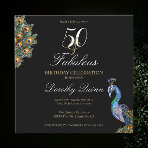 50 & Fabulous Elegant Watercolor Peacock Birthday Invitation