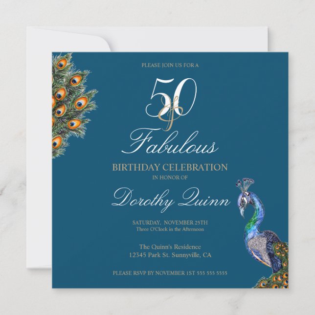50 & Fabulous Elegant Watercolor Peacock Birthday Invitation (Front)