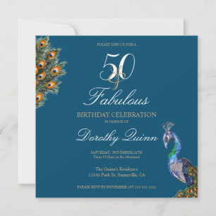 50 & Fabulous Elegant Watercolor Peacock Birthday Invitation