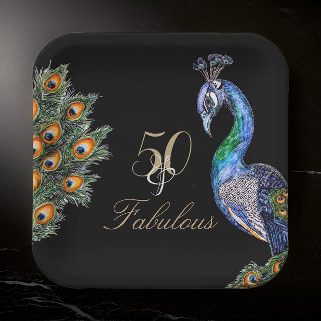 50 & Fabulous Elegant Watercolor Peacock Birthday Paper Plate (Creator Uploaded)