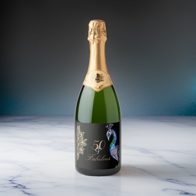 50 & Fabulous Elegant Watercolor Peacock Birthday Sparkling Wine Label (Creator Uploaded)