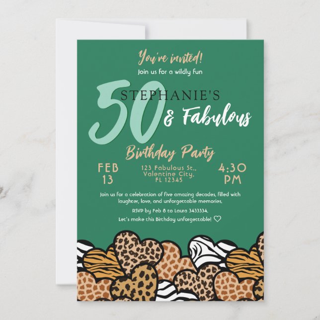 50 & Fabulous Emerald Wild Hearts Fifty Birthday Invitation (Front)